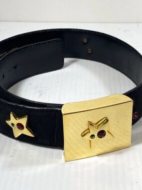 Escada Black Leather Belt with Gold Star Buckle and Gem Accents